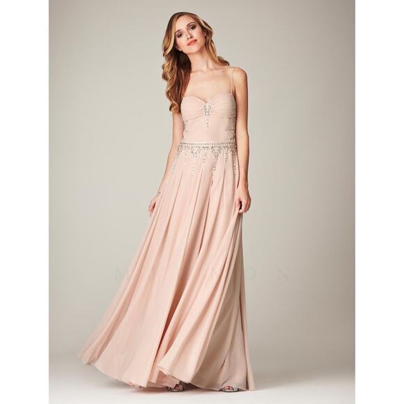 NWT Mignon Metallic Blush Pink Illusion Low Back Chiffon Beaded Maxi Dress 0 - Picture 1 of 12